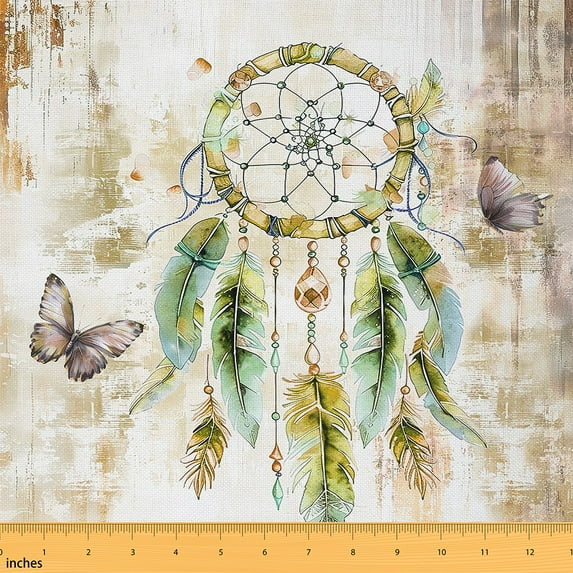 Manfei Boho Dreamcatcher Sewing & Crafting Fabric (3 Yards), Boho Butterflies Home Decor Fabric by the Yard, Watercolor Brown Oil Painting Fabric by the Yard
