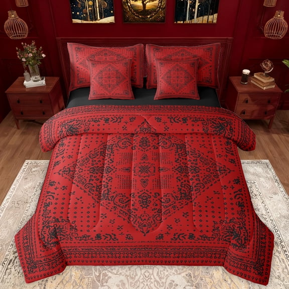 Manfei Boho Exotic Style 7-Piece Bedding Comforter Set,Retro Victorian Floral King Bedding Sets,Black Red Bed Sheets For Adults,Microfiber Bedroom Decor Reversible