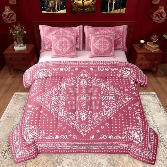 Manfei Boho Exotic Style 7-Piece Bedding Comforter Set,Retro Victorian Floral King Bedding Sets,Pink White Bed Sheets For Adults,Microfiber Bedroom Decor Reversible