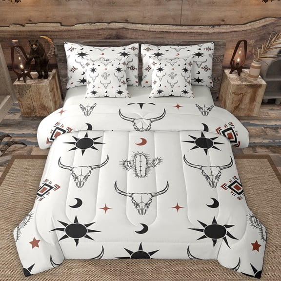 Manfei Boho Exotic Style 7-Piece Bedding Comforter Set,Rustic Cowboy Tribal King Bedding Sets,Vintage Bull Skull Bed Sheets For Adults,Super Cozy Room Decor Reversible