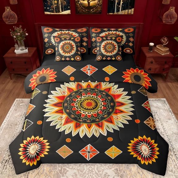 Manfei Boho Exotic Style 7 Pieces Bedding Comforter Set,Countryside Floral Full Bedding Set,Orange Geometric Flower Fitted Sheet Flat Sheet For Girls Teens,Microfiber Bedroom Decor Reversible