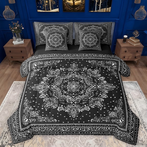 Manfei Boho Exotic Style 7 Pieces Bedding Comforter Set,Retro Victorian Floral Full Bedding Set,Ancient Baroque Flower Fitted Sheet Flat Sheet For Adults,Microfiber Bedroom Decor Reversible