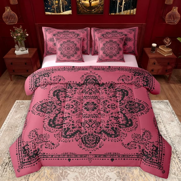 Manfei Boho Exotic Style 7 Pieces Bedding Comforter Set,Retro Victorian Floral Full Bedding Set,Black Baroque Flower Fitted Sheet Flat Sheet For Adults,Microfiber Bedroom Decor Reversible