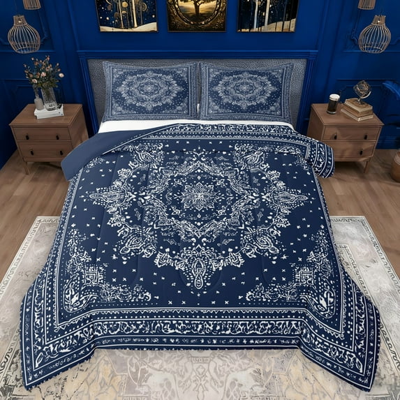 Manfei Boho Exotic Style Bedding Comforter Set,Retro Victorian Floral Twin Comforter Sets,White Blue Bedding Set For Adults,Microfiber Bedroom Decor Reversible,2pcs