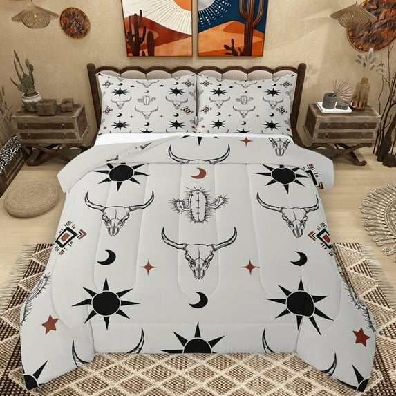 Manfei Boho Exotic Style Bedding Comforter Set,Rustic Cowboy Tribal Twin Comforter Sets,Vintage Bull Skull Bedding Set For Adults,Super Cozy Room Decor Reversible,2 Pieces