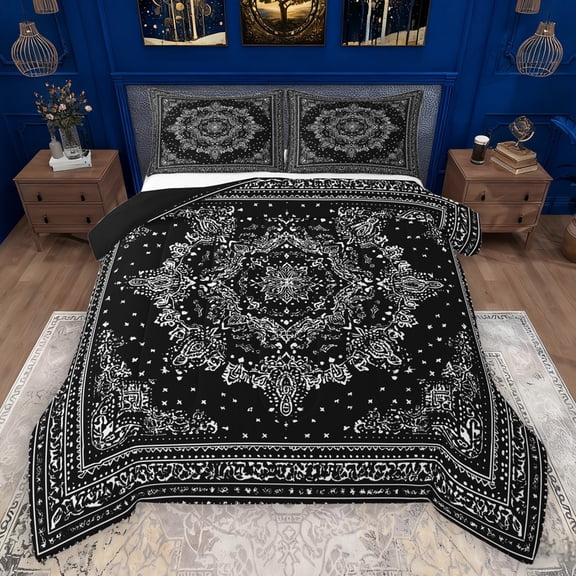 Manfei Boho Exotic Style Queen Comforter Set,Retro Victorian Floral Bedding Sets,Ancient Baroque Flower Bedding Comforter Set For Adults,Microfiber Bedroom Decor Reversible,3pcs