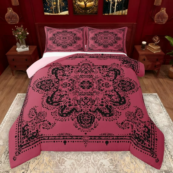 Manfei Boho Exotic Style Queen Comforter Set,Retro Victorian Floral Bedding Sets,Black Baroque Flower Bedding Comforter Set For Adults,Microfiber Bedroom Decor Reversible,3 Pieces