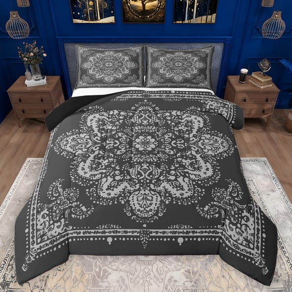 Manfei Boho Exotic Style Queen Comforter Set,Retro Victorian Floral Bedding Sets,Gray Baroque Flower Bedding Comforter Set For Adults,Microfiber Bedroom Decor Reversible,3pcs