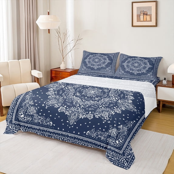 Manfei Boho Exotic Style Queen Sheet Sets,Retro Victorian Floral Flat Sheet,White Blue Queen Fitted Sheet For Adults,Microfiber Bedroom Decor,4 Pieces