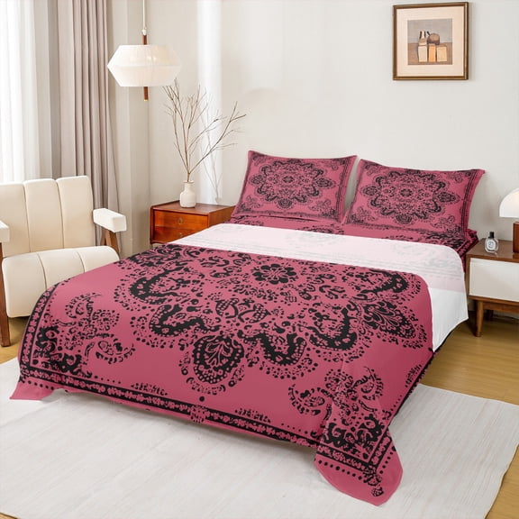 Manfei Boho Exotic Style Twin Sheet Sets,Retro Victorian Floral Twin Fitted Sheet,Black Baroque Flower Flat Sheet For Adults,Microfiber Bedroom Decor,3pcs