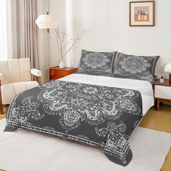 Manfei Boho Exotic Style Twin Sheet Sets,Retro Victorian Floral Twin Fitted Sheet,Gray Baroque Flower Flat Sheet For Adults,Microfiber Bedroom Decor,3-Piece