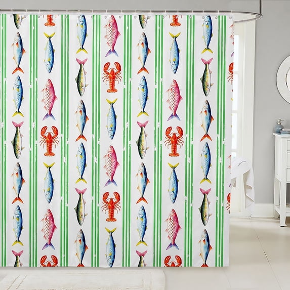 Manfei Boho Fish Striped Shower Curtain 72Wx84L, Watercolor Marine Bathroom Shower Curtain, Green White