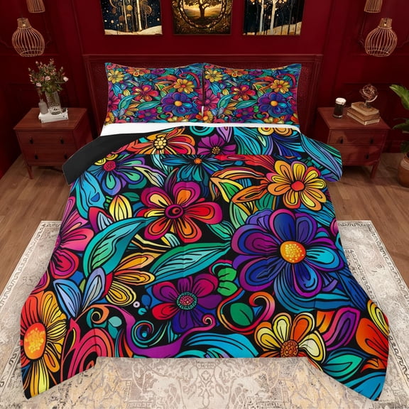 Manfei Boho Floral Full Size Comforter Sets,Rustic Botanical Bedding Comforter Set,Rainbow Flower Bedding Sets For Kids,Breathable Home Decor Reversible,3-Piece