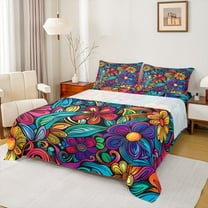 Manfei Boho Floral Twin Sheet Sets,Rustic Botanical Twin Fitted Sheet,Rainbow Flower Flat Sheet For Kids,Breathable Home Decor,3pcs