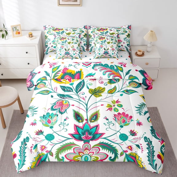 Manfei Boho Flower 7-Piece Bedding Comforter Set,Tropical Plant Floral King Bedding Sets,bohemian Theme Bed Sheets For Kids,Super Cozy Room Decor Reversible