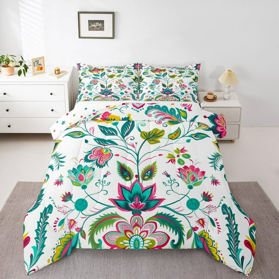 Manfei Boho Flower Bedding Comforter Set,Tropical Plant Floral Twin Comforter Sets,bohemian Theme Bedding Set For Kids,Super Cozy Room Decor Reversible,2 Pieces