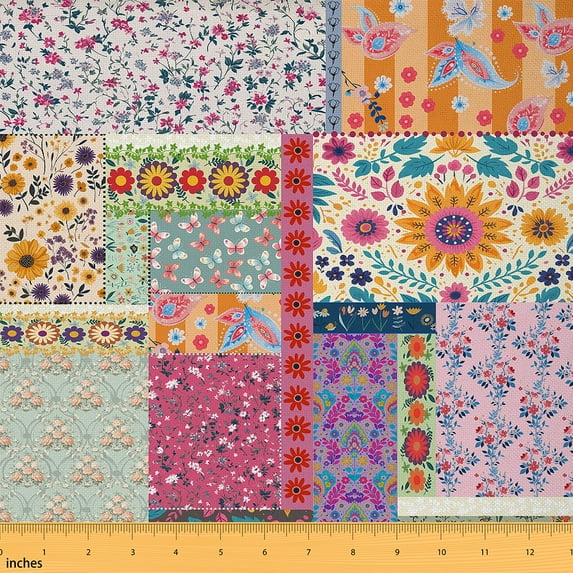 Manfei Boho Flower Floral Fabric by the Yard 2 Yards for Teen, Rustic Farmhouse Sunflower 02, Vintage Patchwork Fabric for Sewing, Sewing Fabric Bedroom Decor