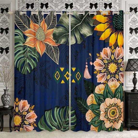 Manfei Boho Flower Leaves Curtains and Drapes Pack of 2 (52x63 Each),Hippie Floral Damask Black Out Curtains