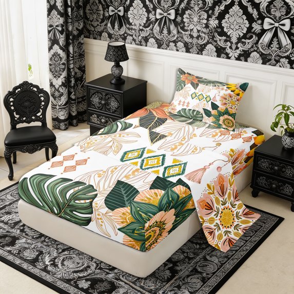 Manfei Boho Flower Leaves Twin Sheets 3pcs,Hippie Floral Damask Bedding,1 Flat Sheet,1 Fitted Sheet and 1 Pillowcase