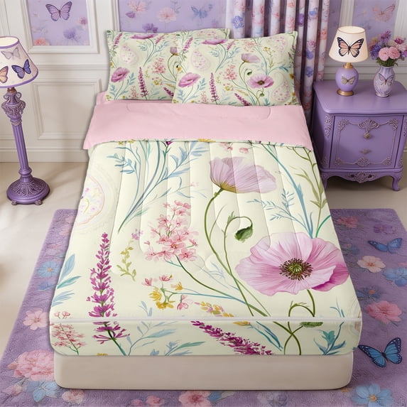 Manfei Boho Flower Paisley Zipper Full Size Comforter Sets with Fitted Sheet and 2 Pillowcases,Spring Garden Zipper Bedding Set,Reversible