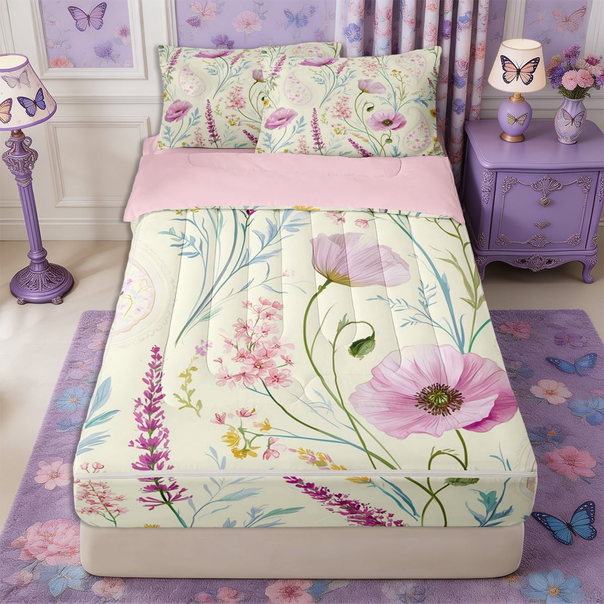 Spring Quilt Set Manfei Boho Flower Paisley Zipper Queen Comforter Set with Fitted Sheet ...