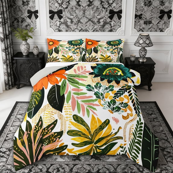 Manfei Boho Flowers Full Size Comforter Sets 3-Piece,Botanical Plants Bedding Comforter Set,1 Comforter and 2 Pillowcases,Reversible