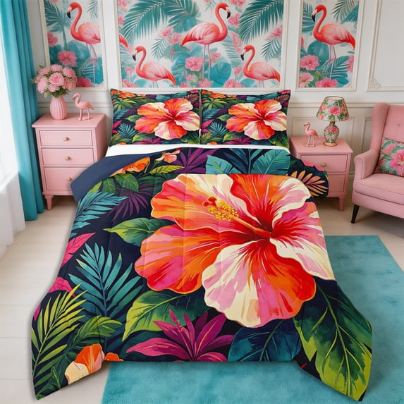 Manfei Boho Flowers Full Size Comforter Sets 3-Piece,Hawaiian Tropical Botanical Bedding Comforter Set,1 Comforter and 2 Pillowcases,Reversible