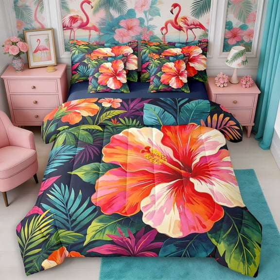 Manfei Boho Flowers King Bedding 7pcs,Hawaiian Tropical Botanical King Bed in a Bag,Reversible