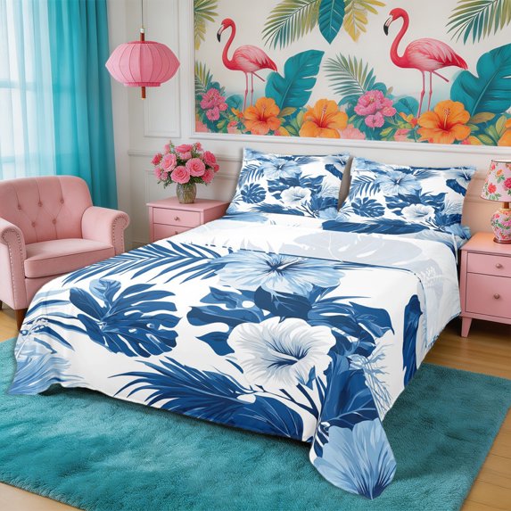 Manfei Boho Flowers King Sheets 4pcs,Hawaiian Tropical Botanical Bedding,1 Flat Sheet,1 Fitted Sheet and 2 Pillowcases