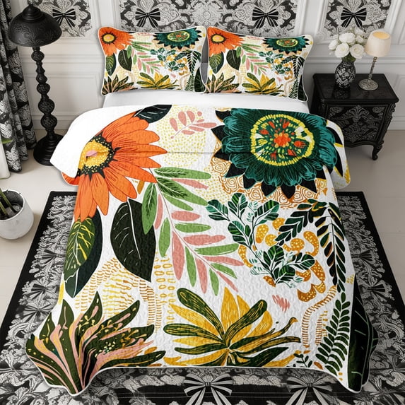 Manfei Boho Flowers Quilt King 3 Pieces,Botanical Plants King Coverlet Set,1 Bedspread and 2 Pillowcases