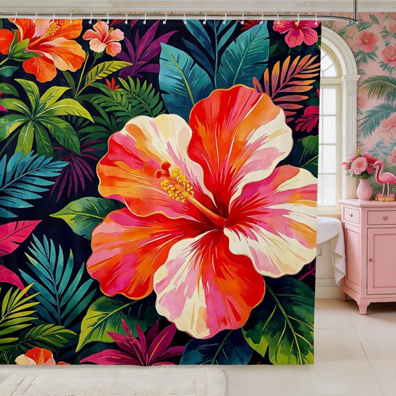 Manfei Boho Flowers Shower Curtain 72Wx72L,Hawaiian Tropical Botanical Bathroom Curtain