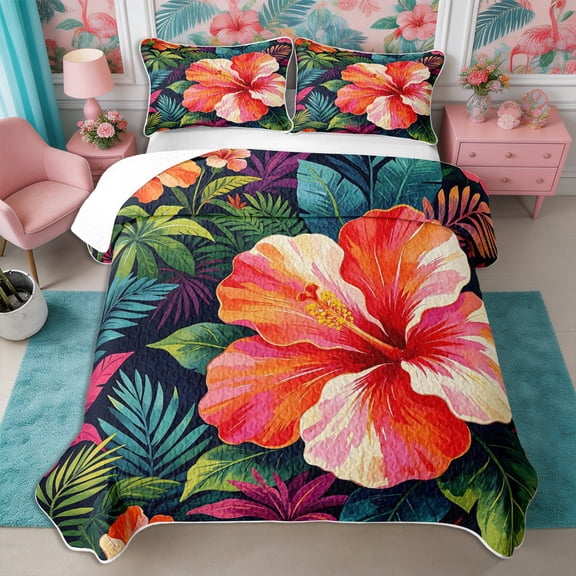 Manfei Boho Flowers Twin Quilt Set 2 Pieces,Hawaiian Tropical Botanical Twin Coverlet Set,1 Bedspread and 1 Pillowcase