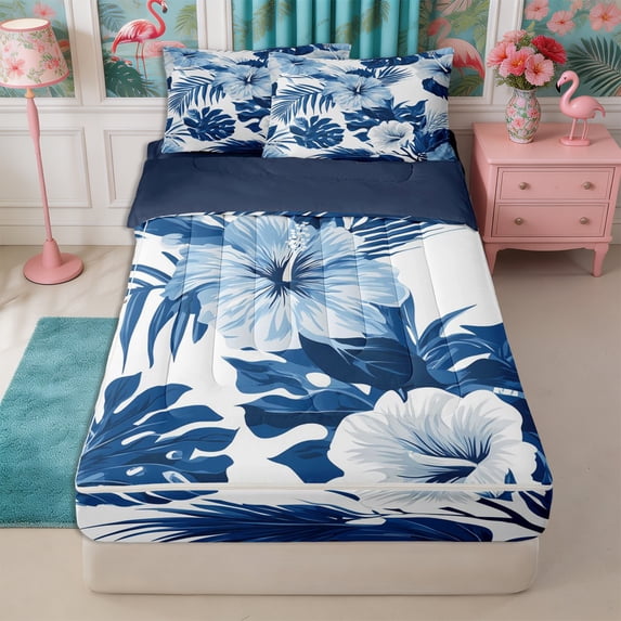 Manfei Boho Flowers Zipper Queen Comforter Set with Fitted Sheet and 2 Pillowcases,Hawaiian Tropical Botanical Zipper Bedding Set,Reversible
