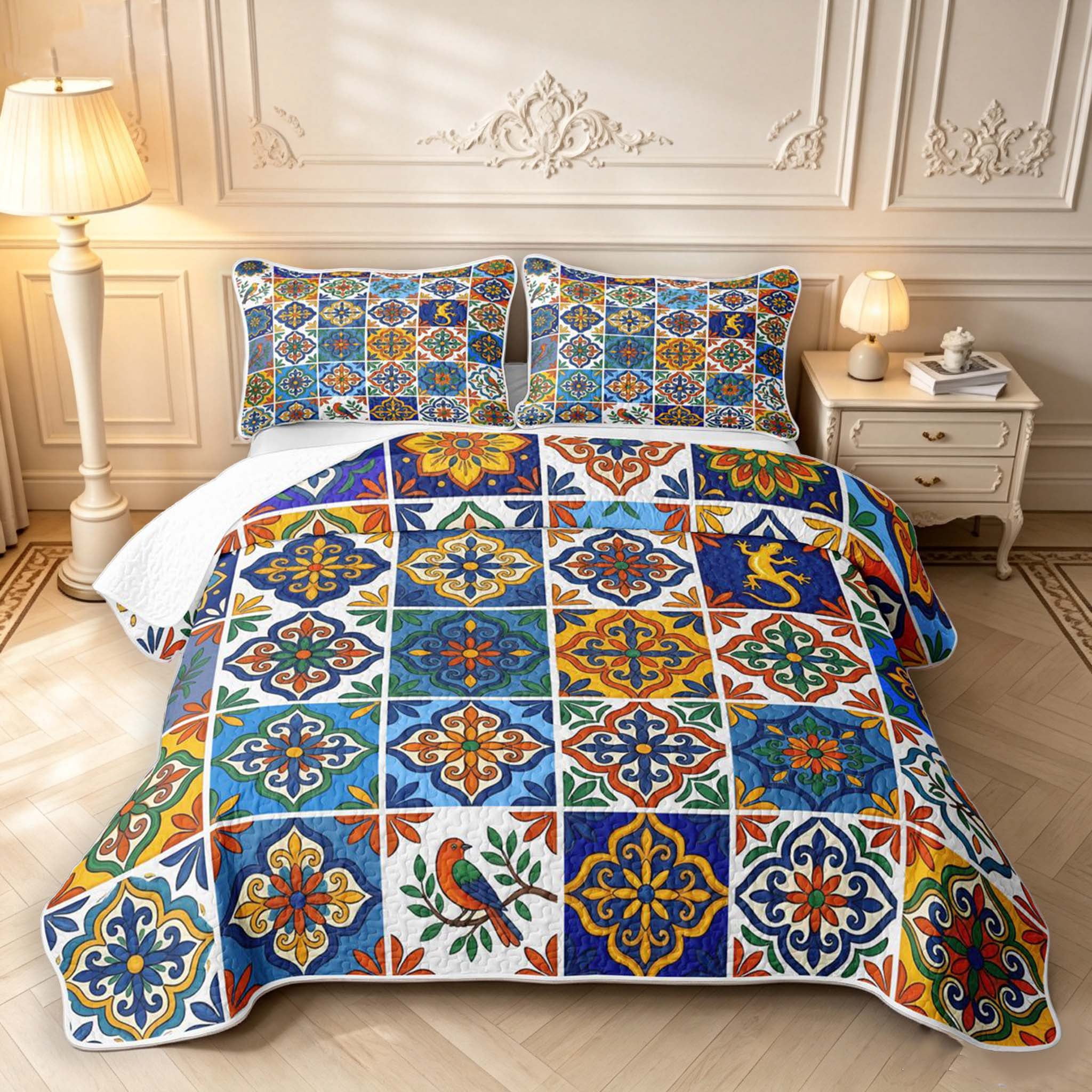 Manfei Boho Geometric Check Quilt King,Dreamy Floral King Coverlet Set ...