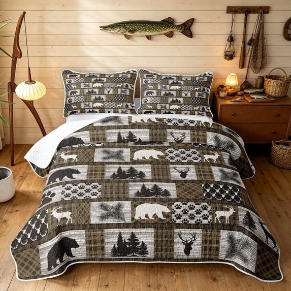 Manfei Boho Grizzly Bear Twin Quilt Set, Neutral Farmhouse Plaid Twin Coverlet Set, Brown White, Black Reversible, 2pcs, 1 Bedspread and 1 Pillowcase