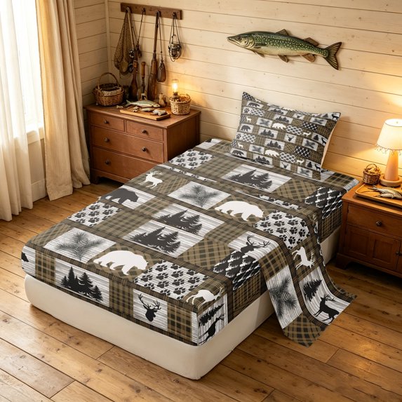 Manfei Boho Grizzly Bear Twin Sheets, Neutral Farmhouse Plaid Bedding, Brown White, 3pcs, 1 Flat Sheet, 1 Fitted Sheet and 1 Pillowcase