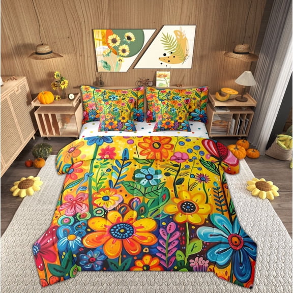 Manfei Boho Groovy Flower Bedding Twin Size, Hippie Rustic Floral Bed Set, Mandala Style Reversible Bedding Sets Twin Size, Breathable Room Decorative, 7pcs