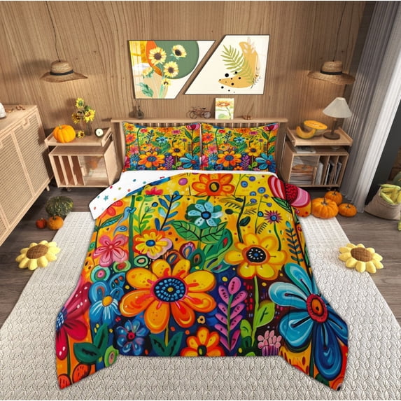 Manfei Boho Groovy Flower Comforter Sets Full Size, Hippie Rustic Floral Down Comforter, Mandala Style Reversible Bedding Full Comforter Set, Breathable Room Decorative, 3pcs