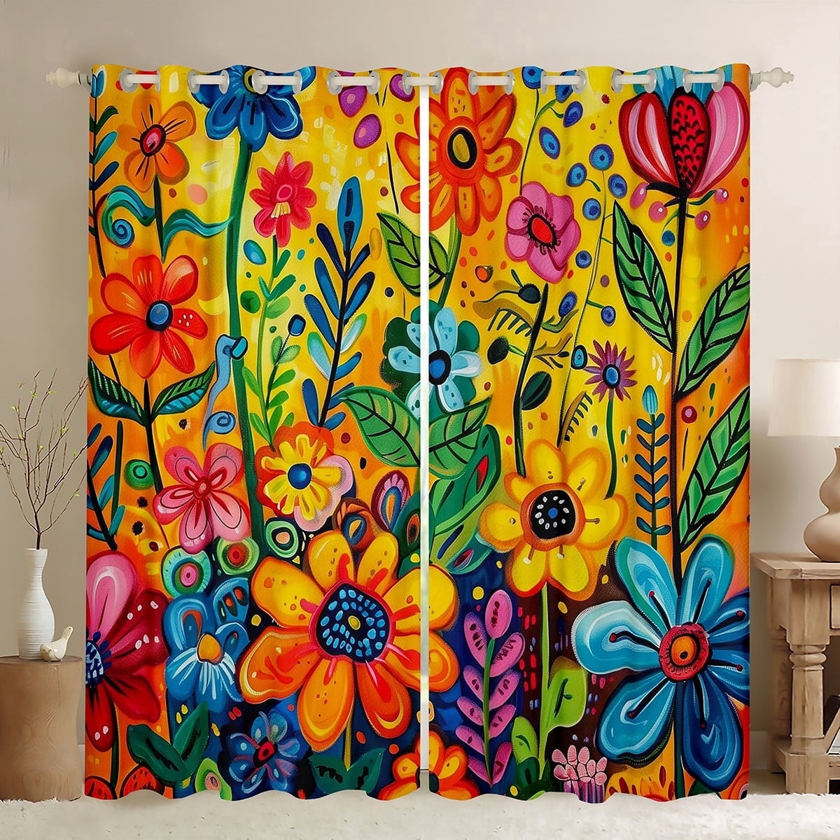 Manfei Boho Groovy Flower Curtains Pack of 2 (42x84), Hippie Rustic Floral Black Out Curtains, Mandala Style Blackout Curtains for Bedroom, Window Treatments Room Decorative
