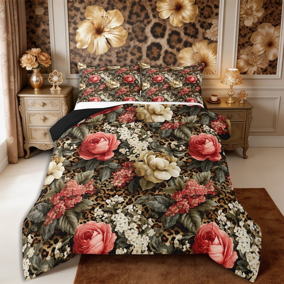 Manfei Boho Hibiscus King Size Comforter Sets 3pcs,Animal Leopard Print Comforters King Size,1 Comforter and 2 Pillowcases,Reversible