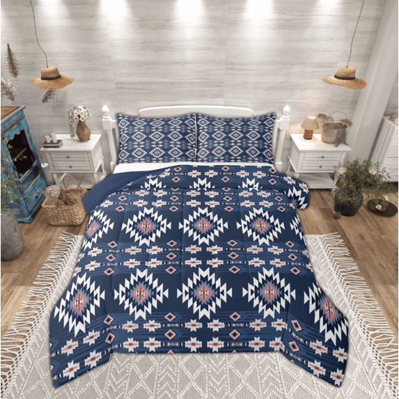 Manfei Boho Hippie Aztec Full Size Comforter Sets, Retro Geometric Abstract Bedding Comforter Set, Tribal Western Style Reversible Bedding Sets, Microfiber Bedroom Decor, 3-Piece
