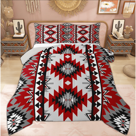 Manfei Boho Hippie Aztec Queen Comforter Set, Retro Geometric Abstract Bedding Sets, Tribal Western Style Reversible Bedding Comforter Set, Ultra Soft Home Decor, 3 Pieces