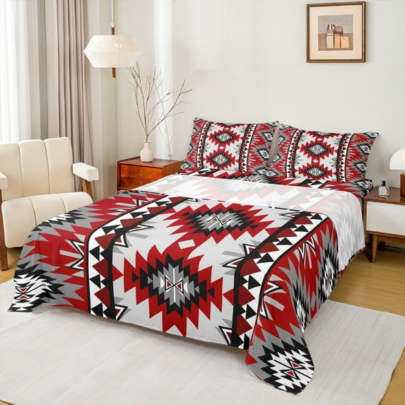 Manfei Boho Hippie Aztec Queen Sheet Sets, Retro Geometric Abstract Flat Sheet, Tribal Western Style Queen Fitted Sheet, Ultra Soft Home Decor, 4 Pieces