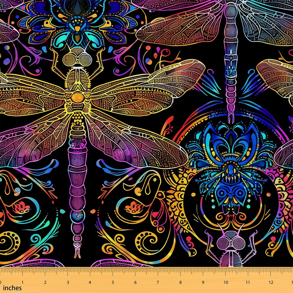 Manfei Boho Hippie Dragonfly Sewing & Crafting Fabric (2 Yards), Neon Gradient Animal Home Decor Fabric by the Yard, Bohemian Mandala Paisley DIY Fabric