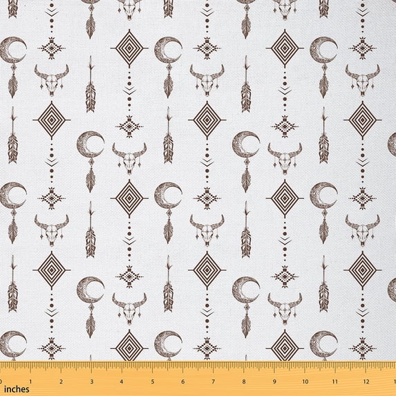 Manfei Boho Hippie Fabric by the Yard (1 Yard), Tribal Dreamcatcher Decorative Fabric by the Yard, Rustic Cow Skeleton Sewing & Crafting Fabric, Stylish Bedroom Decor