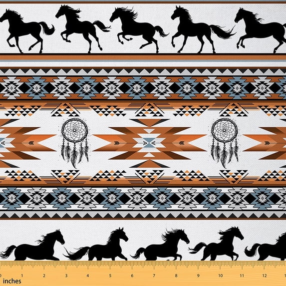 Manfei Boho Horse Fabric by the Yard (3 Yards), Bohemian Aztec Decorative Fabric by the Yard, Hippie Dreamcatcher DIY Fabric, White Brown Black
