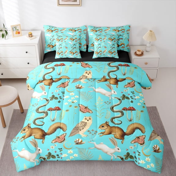 Manfei Boho Jungle Animal Bedding Comforter Set 7pcs for Child, Squirrel Fox Butterfly Queen Bedding Sets, Rustic Farmhouse Reversible Queen Sheet Sets, Breathable Home Decor