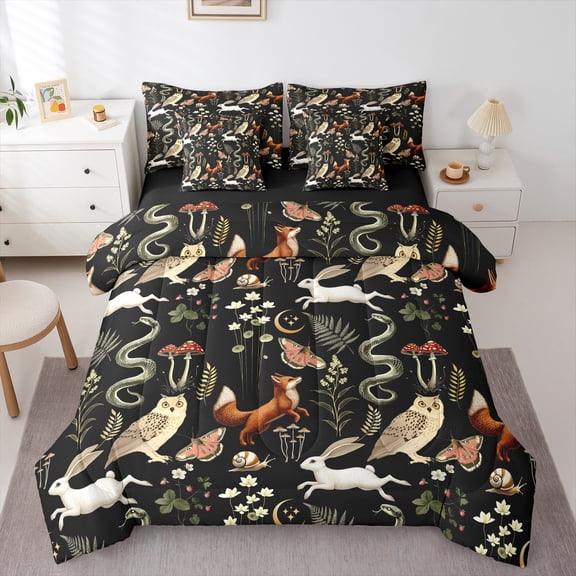Manfei Boho Jungle Animal Bedding Comforter Set 7pcs for Child, Squirrel Fox Butterfly Queen Bedding Sets, Rustic Farmhouse Reversible Queen Sheet Sets, Breathable Home Decor
