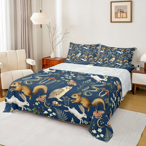 Manfei Boho Jungle Animal Full Size Sheets for Child, Squirrel Fox Butterfly Bed Sheets, Rustic Farmhouse Sheet Sets, Ultra Soft Home Decor, 4pcs