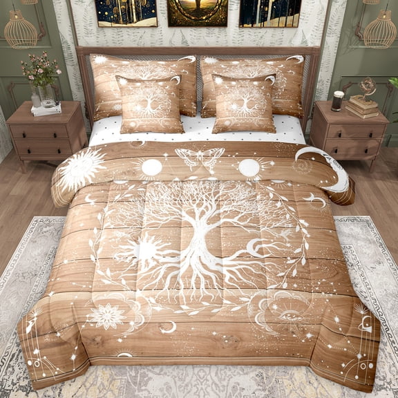 Manfei Boho Life Tree Bedding Comforter Set 7pcs for Teens, Hippie Moon Stars Galaxy Queen Bedding Sets, Rustic Wooden Cabin Reversible Queen Sheet Sets, Breathable Home Decor